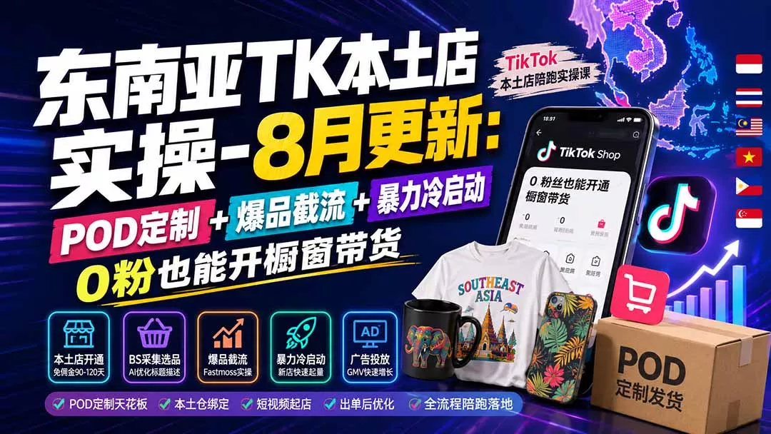 东南亚TK本土店实操-8月更新：POD定制+爆品截流+暴力冷启动，0粉也能开橱窗带货网创项目-知识付费-在线课程-自媒体创业-网络副业-优利资源优利资源网