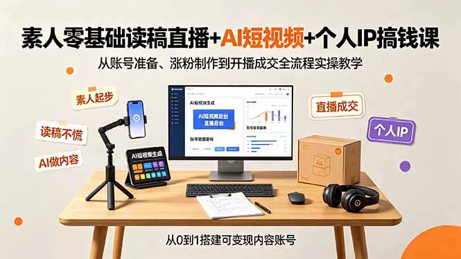 素人零基础读稿直播+AI短视频+个人IP搞钱课，从账号准备、涨粉制作到开播成交全流程实操教学网创项目-知识付费-在线课程-自媒体创业-网络副业-优利资源优利资源网