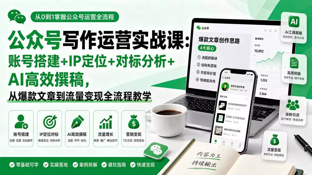 公众号写作运营实战课：账号搭建+IP定位+对标分析+AI高效撰稿，从爆款文章到流量变现全流程教学网创项目-知识付费-在线课程-自媒体创业-网络副业-优利资源优利资源网