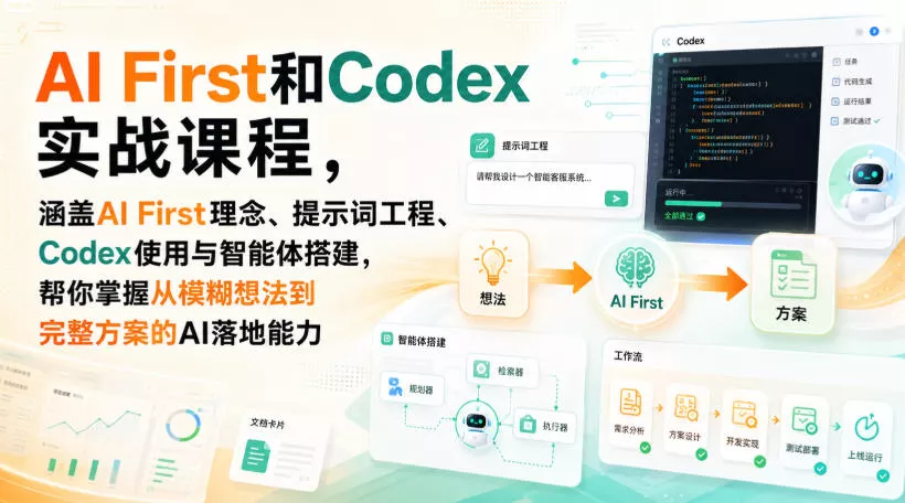 AI First和Codex实战课，涵盖AI First理念、提示词工程、Codex使用与智能体搭建，掌握从模糊想法到完整方案的AI落地能力网创项目-知识付费-在线课程-自媒体创业-网络副业-优利资源优利资源网
