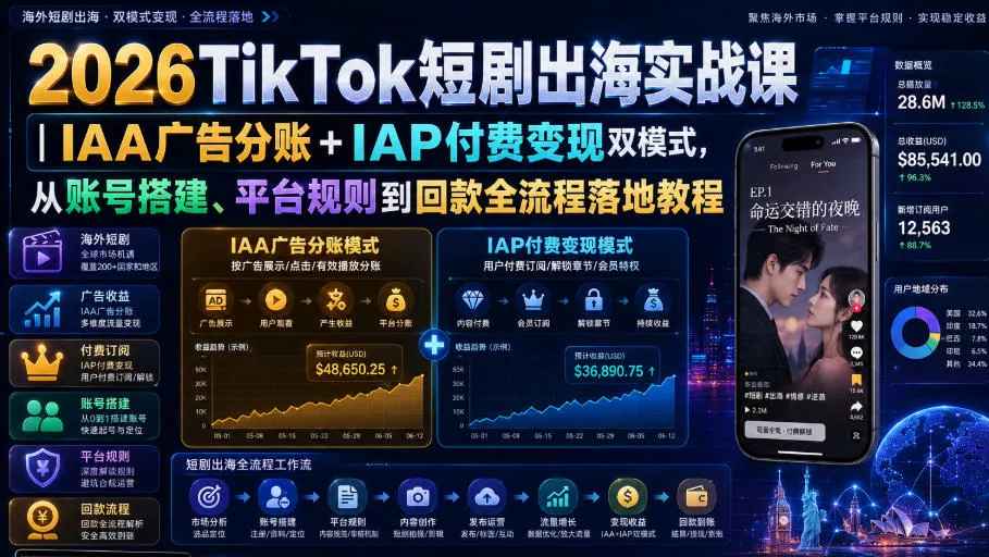 2026TikTok短剧出海实战课｜IAA广告分账+IAP付费变现双模式，从账号搭建、平台规则到回款全流程落地教程网创项目-知识付费-在线课程-自媒体创业-网络副业-优利资源优利资源网