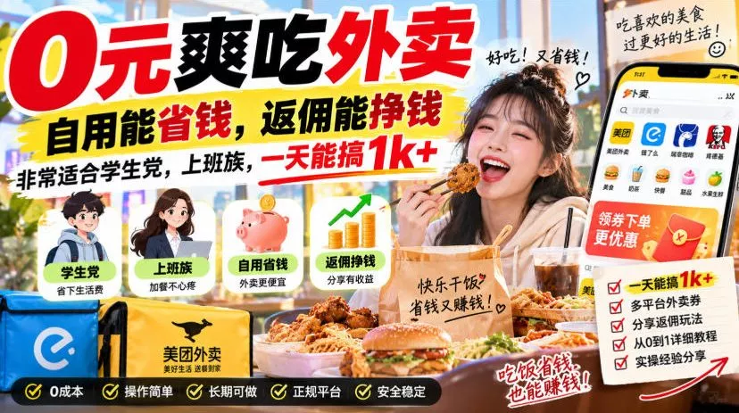 0元爽吃外卖，自用能省钱，返佣能挣钱，非常适合学生党，上班族，一天能搞1k+网创项目-知识付费-在线课程-自媒体创业-网络副业-优利资源优利资源网