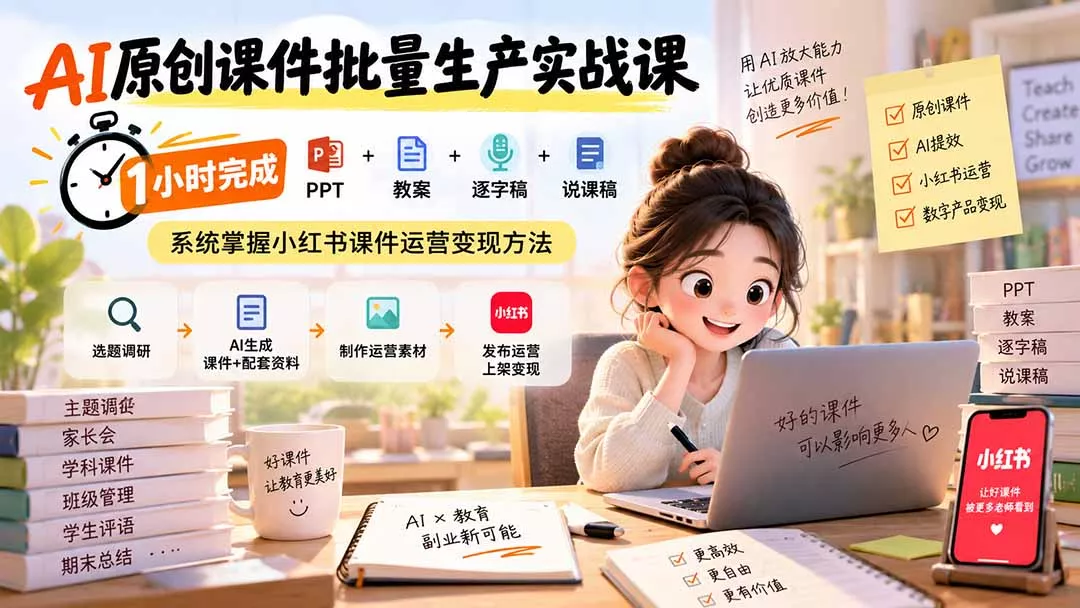 AI原创课件批量生产实战课：1小时完成PPT+教案+逐字稿+说课稿，系统掌握小红书课件运营变现方法