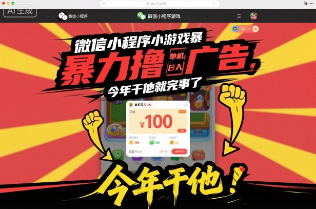 微信小程序小游戏暴力撸广告，单机日入100，今年干他就完事了网创项目-知识付费-在线课程-自媒体创业-网络副业-优利资源优利资源网