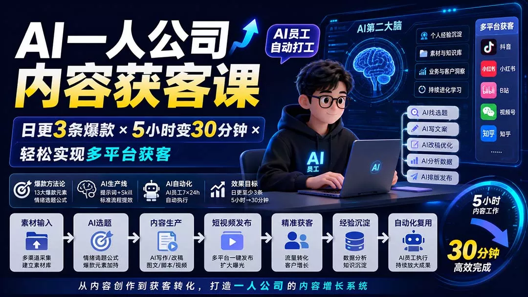 AI一人公司内容获客课-更新8月：日更3条爆款×5小时变30分钟×AI员工自动打工，轻松实现多平台获客网创项目-知识付费-在线课程-自媒体创业-网络副业-优利资源优利资源网