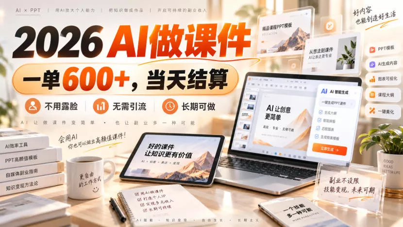2026 AI做课件，一单600+，当天结算，不用露脸，无需引流，长期可做【揭秘】网创项目-知识付费-在线课程-自媒体创业-网络副业-优利资源优利资源网