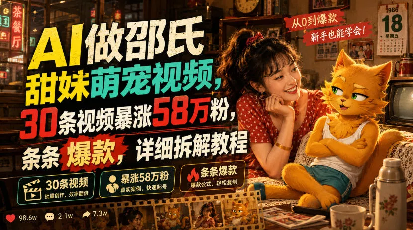 AI做邵氏甜妹萌宠视频，30条视频暴涨58万粉，条条爆款，详细拆解教程网创项目-知识付费-在线课程-自媒体创业-网络副业-优利资源优利资源网