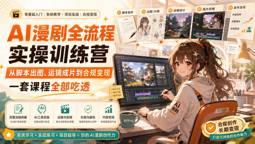 AI漫剧全流程实操训练营，从脚本出图、运镜成片到合规变现，一套课程全部吃透网创项目-知识付费-在线课程-自媒体创业-网络副业-优利资源优利资源网