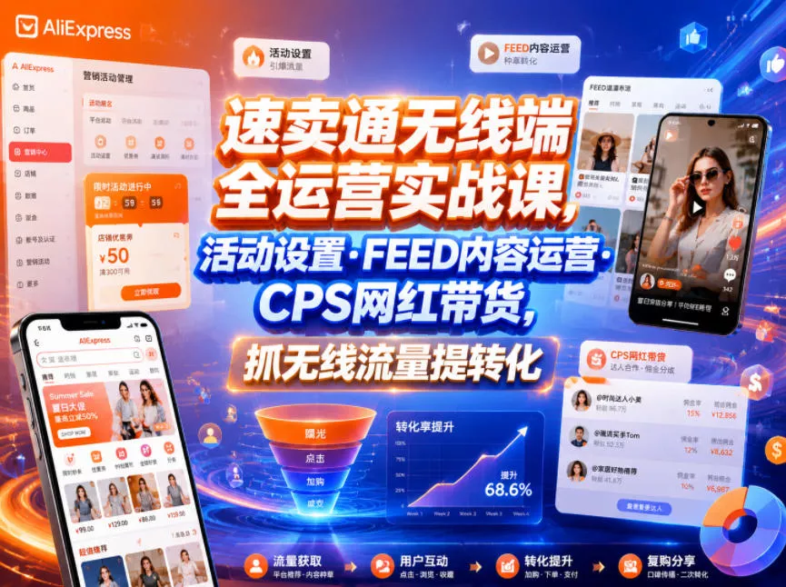 速卖通无线端全运营实战课，活动设置・FEED内容运营・CPS网红带货，抓无线流量提转化网创项目-知识付费-在线课程-自媒体创业-网络副业-优利资源优利资源网