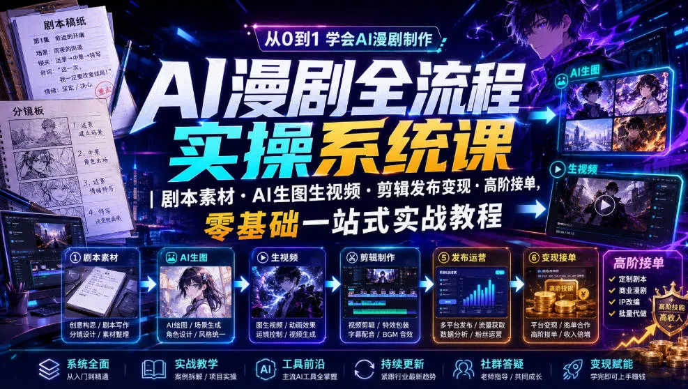 AI漫剧全流程实操系统课｜剧本素材・AI生图生视频・剪辑发布变现・高阶接单，零基础一站式实战教程网创项目-知识付费-在线课程-自媒体创业-网络副业-优利资源优利资源网