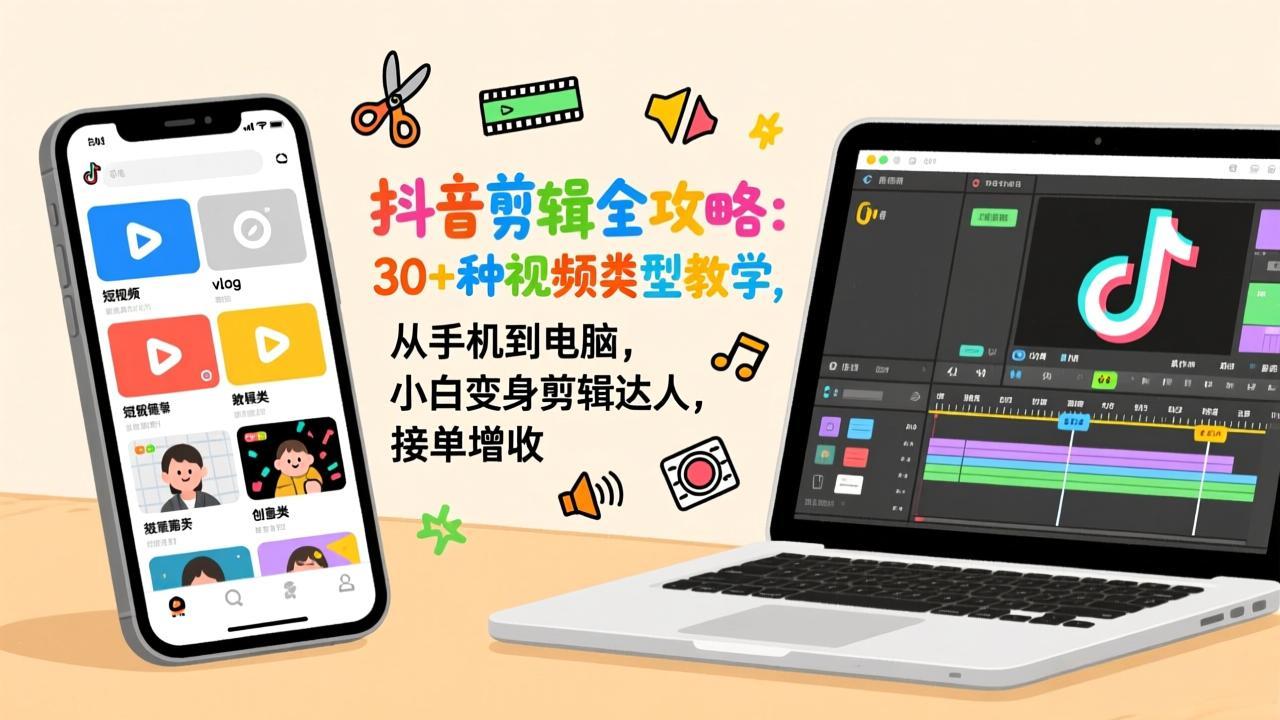 抖音剪辑全攻略：30+种视频类型教学，从手机到电脑，小白变身剪辑达人，接单增收网创项目-知识付费-在线课程-自媒体创业-网络副业-优利资源优利资源网