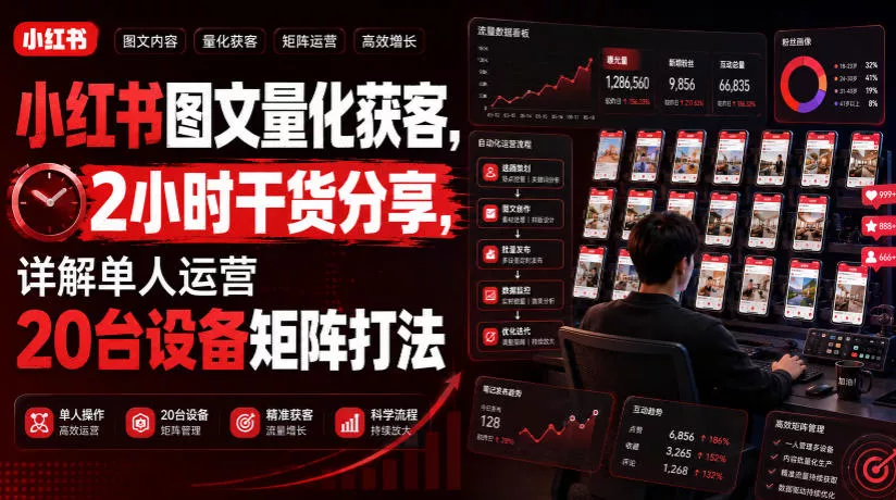 小红书图文量化获客，2小时干货分享，详解单人运营20台设备矩阵打法网创项目-知识付费-在线课程-自媒体创业-网络副业-优利资源优利资源网