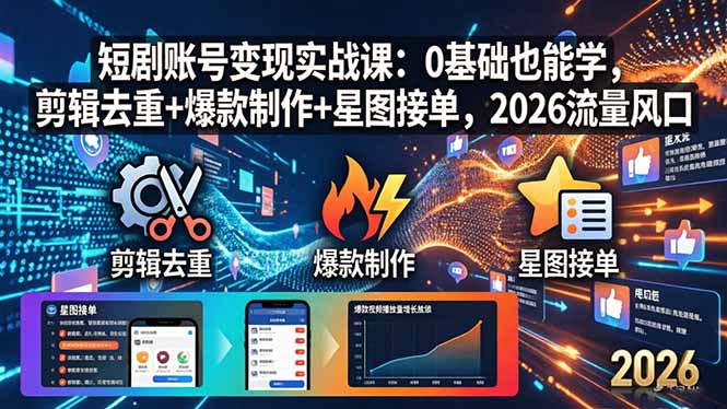 短剧账号变现实战课：0基础也能学，剪辑去重+爆款制作+星图接单，2026流量风口网创项目-知识付费-在线课程-自媒体创业-网络副业-优利资源优利资源网