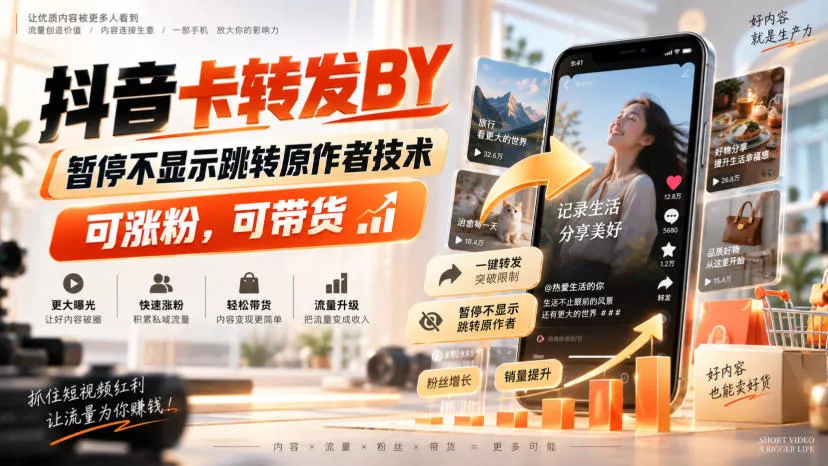 抖音卡转发搬运，暂停不显示跳转原作者技术，可涨粉，可带货网创项目-知识付费-在线课程-自媒体创业-网络副业-优利资源优利资源网