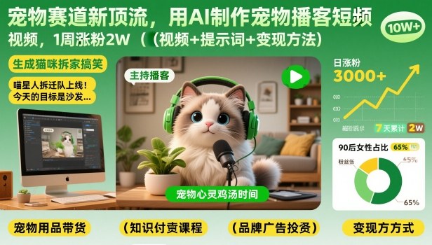 宠物赛道新顶流，用AI制作宠物播客短视频，1周涨粉2W(视频+提示词+变现方法)网创项目-知识付费-在线课程-自媒体创业-网络副业-优利资源优利资源网