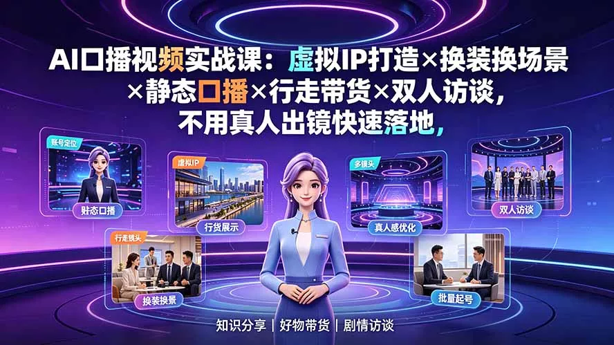 AI口播视频实战课：虚拟IP打造×换装换场景×静态口播×行走带货×双人访谈，不用真人出镜快速落地网创项目-知识付费-在线课程-自媒体创业-网络副业-优利资源优利资源网