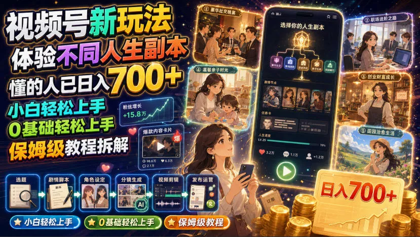 视频号新玩法体验不同人生副本，懂的人已日入700+，小白轻松上手，0基础轻松上手，保姆级教程拆解网创项目-知识付费-在线课程-自媒体创业-网络副业-优利资源优利资源网