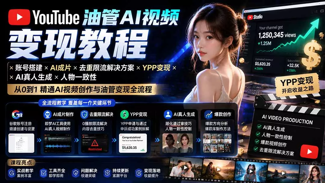 YouTube油管AI视频变现教程:账号搭建×AI成片×去重限流解决方案×YPP变现×AI真人生成×人物一致性 YouTube油管AI视频变现教程:账号搭建×AI成片×去重限流解决方案×YPP变现×AI真人生成×人物一致性