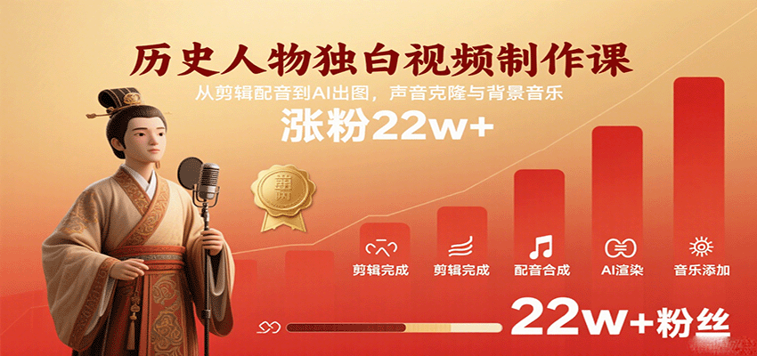 历史人物独白视频制作课，从剪辑配音到AI出图，声音克隆与背景音乐，涨粉22w+网创项目-知识付费-在线课程-自媒体创业-网络副业-优利资源优利资源网
