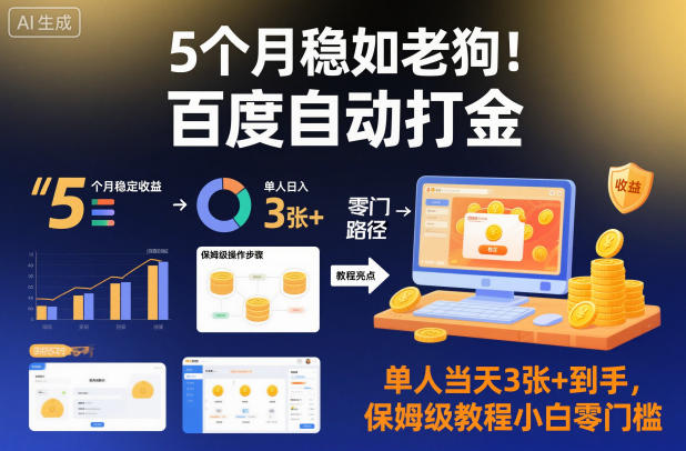 5个月稳如老狗！百度自动打金，单人当天3张+到手，保姆级教程小白零门槛【揭秘】网创项目-知识付费-在线课程-自媒体创业-网络副业-优利资源优利资源网