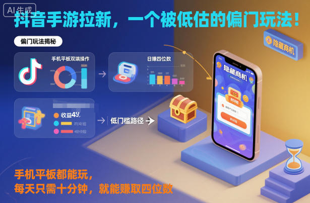 抖音手游拉新，一个被低估的偏门玩法！手机平板都能玩，每天只需十分钟，就能賺取四位数【揭秘】网创项目-知识付费-在线课程-自媒体创业-网络副业-优利资源优利资源网