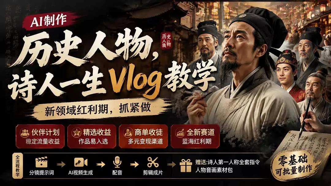 历史人物,诗人一生Vlog教学, AI制作丨伙伴计划丨精选收益丨商单收徒 ,新领域红利期,抓紧做 历史人物,诗人一生Vlog教学, AI制作丨伙伴计划丨精选收益丨商单收徒 ,新领域红利期,抓紧做