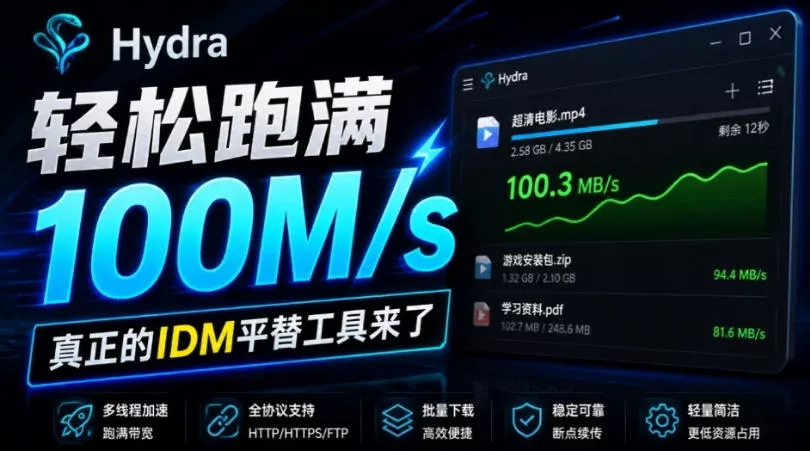 轻松跑满100M/s，真正的IDM平替工具来了，开源多线程器，支持浏览器拓展，一键智能加速Hydra Download Manager网创项目-知识付费-在线课程-自媒体创业-网络副业-优利资源优利资源网