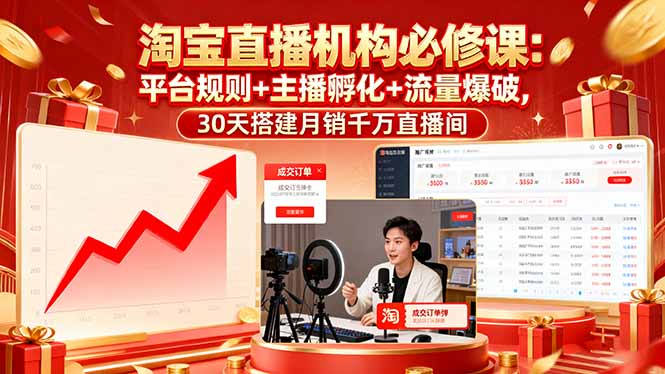 淘宝直播机构必修课：平台规则/主播孵化/流量爆破,30天搭建月销千万直播间网创项目-知识付费-在线课程-自媒体创业-网络副业-优利资源优利资源网