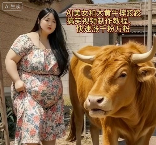 AI美女和大黄牛摔跤搞笑荒诞视频制作教程，快速涨千粉万粉网创项目-知识付费-在线课程-自媒体创业-网络副业-优利资源优利资源网