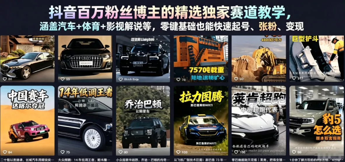 抖音百万粉丝博主的精选独家赛道教学，涵盖汽车+体育+影视解说等，零基础也能快速起号、涨粉、变现网创项目-知识付费-在线课程-自媒体创业-网络副业-优利资源优利资源网