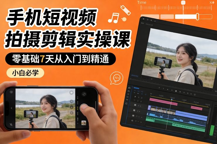 手机短视频拍摄剪辑实操课，零基础7天从入门到精通，小白必学网创项目-知识付费-在线课程-自媒体创业-网络副业-优利资源优利资源网