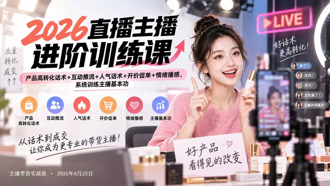 2026直播主播进阶训练课：产品高转化话术+互动推流+人气话术+开价促单+情绪播感，系统训练主播基本功网创项目-知识付费-在线课程-自媒体创业-网络副业-优利资源优利资源网