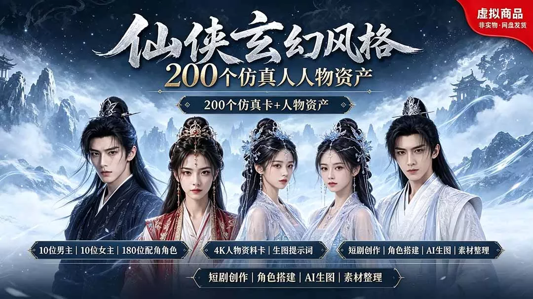 200个仙侠玄幻仿真人素材◆10男主×10女主×180配角，4K资料卡+AI生图提示词，漫剧必备网创项目-知识付费-在线课程-自媒体创业-网络副业-优利资源优利资源网