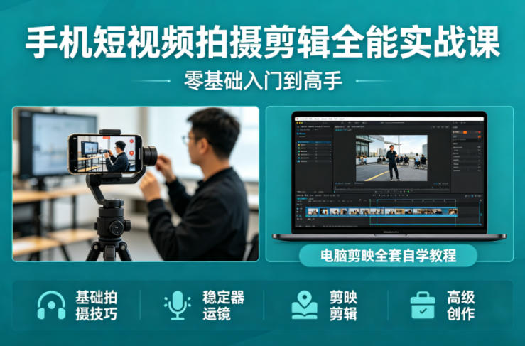 手机短视频拍摄剪辑全能实战课：零基础入门到高手，稳定器运镜+电脑剪映全套自学教程网创项目-知识付费-在线课程-自媒体创业-网络副业-优利资源优利资源网