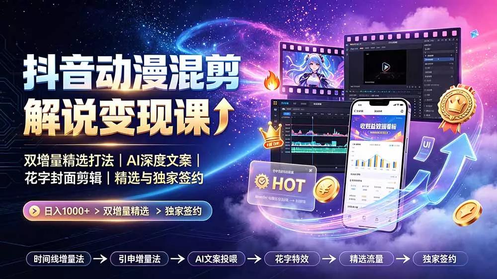 抖音动漫混剪解说变现课：双增量精选打法｜AI深度文案｜花字封面剪辑｜ 精选与独家签约日入1000+网创项目-知识付费-在线课程-自媒体创业-网络副业-优利资源优利资源网