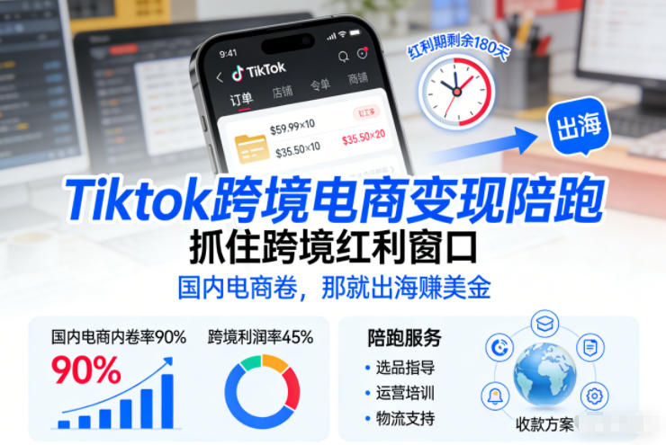 Tiktok跨境电商变现陪跑，抓住跨境红利窗口，国内电商卷，那就出海賺美金网创项目-知识付费-在线课程-自媒体创业-网络副业-优利资源优利资源网