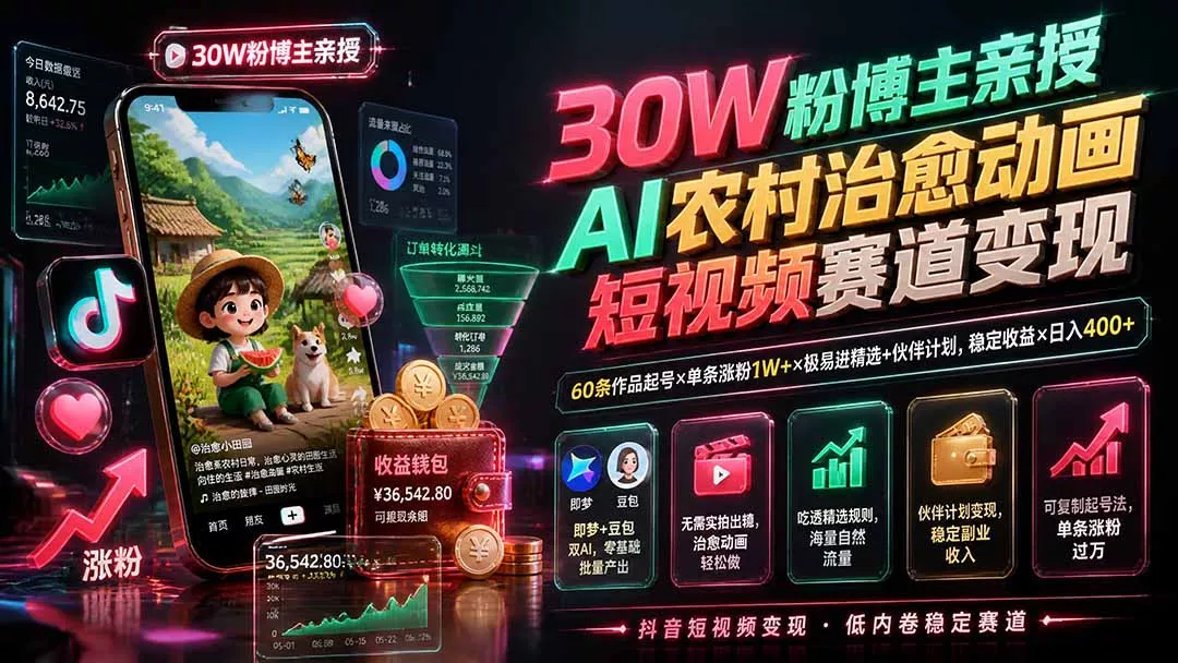 30W粉博主亲授AI农村治愈动画短视频赛道变现：60条作品起号×单条涨粉1W+×极易进精选+伙伴计划，稳定收益×日入400+网创项目-知识付费-在线课程-自媒体创业-网络副业-优利资源优利资源网