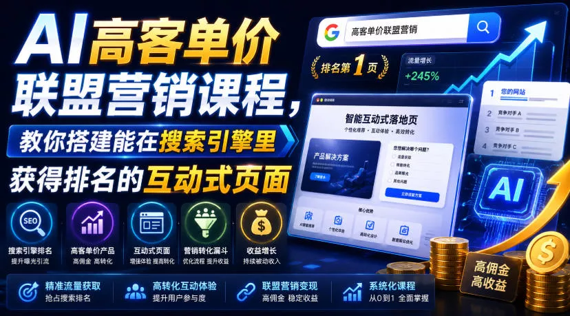 AI高客单价联盟营销课程，教你搭建能在搜索引擎里获得排名的互动式页面，引来流量，把访客转化为高佣金的成交【原创双语字幕】网创项目-知识付费-在线课程-自媒体创业-网络副业-优利资源优利资源网