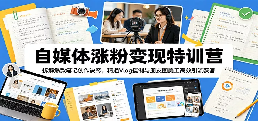 自媒体涨粉变现特训营：拆解爆款笔记创作诀窍，精通Vlog摄制与朋友圈美工高效引流获客网创项目-知识付费-在线课程-自媒体创业-网络副业-优利资源优利资源网