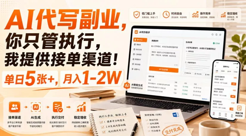AI代写副业，你只管执行，我提供接单渠道！单日5张+，月入1-2W【揭秘】网创项目-知识付费-在线课程-自媒体创业-网络副业-优利资源优利资源网