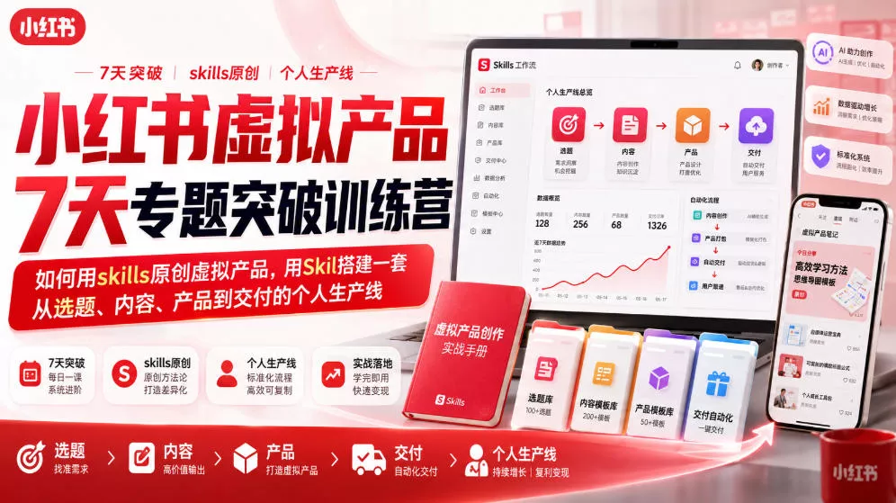 小红书虚拟产品7天专题突破训练营，如何用skills原创虚拟产品，用Skil搭建一套从选题、内容、产品到交付的个人生产线网创项目-知识付费-在线课程-自媒体创业-网络副业-优利资源优利资源网