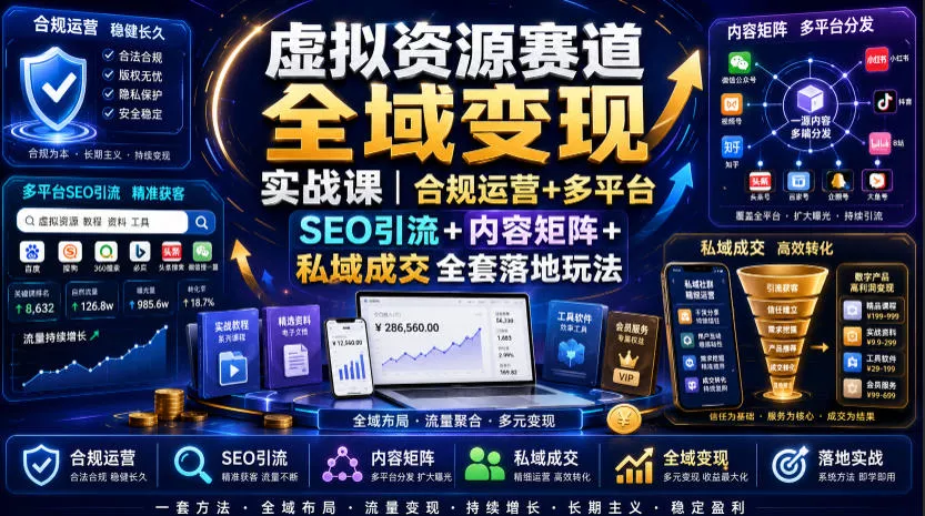 虚拟资源赛道全域变现实战课｜合规运营+多平台SEO引流+内容矩阵+私域成交全套落地玩法网创项目-知识付费-在线课程-自媒体创业-网络副业-优利资源优利资源网