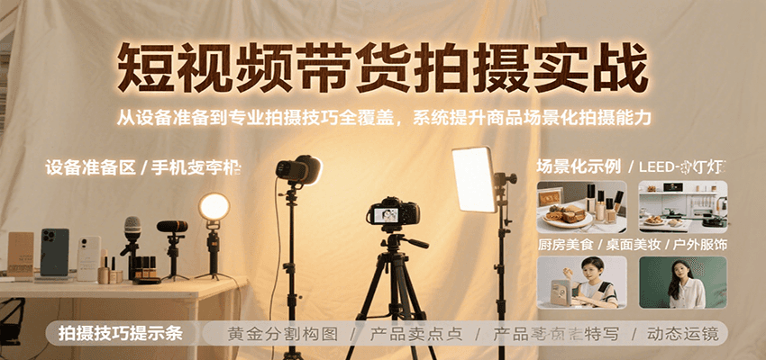 短视频带货拍摄实战，从设备准备到专业拍摄技巧全覆盖，系统提升商品场景化拍摄能力网创项目-知识付费-在线课程-自媒体创业-网络副业-优利资源优利资源网