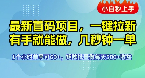 最新首码项目，一键拉新有手就能做，几秒钟一单，1个小时单号可60+，矩阵批量做每天5张【揭秘】网创项目-知识付费-在线课程-自媒体创业-网络副业-优利资源优利资源网