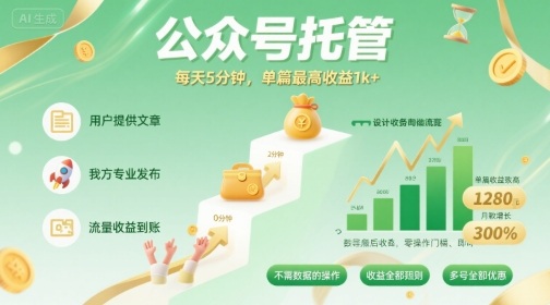 【公众号托管 】我提供文章，你发布，每天5分钟，单篇最高收益1k+【揭秘】网创项目-知识付费-在线课程-自媒体创业-网络副业-优利资源优利资源网