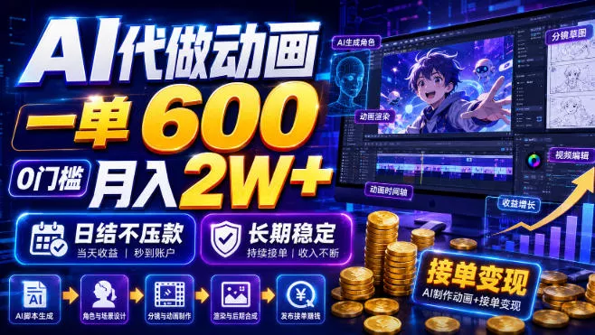 AI代做动画，一单600，0门槛月入2W+，日结不压款，长期稳定【揭秘】网创项目-知识付费-在线课程-自媒体创业-网络副业-优利资源优利资源网