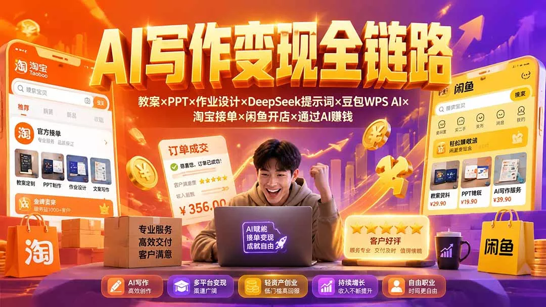 2026AI写作变现全链路：教案×PPT×作业设计×DeepSeek提示词×豆包WPS AI×淘宝接单×闲鱼开店×通过AI賺钱网创项目-知识付费-在线课程-自媒体创业-网络副业-优利资源优利资源网