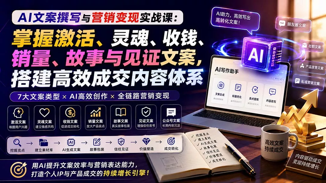 AI文案撰写与营销变现实战课：掌握激活、灵魂、收钱、销量、故事与见证文案，搭建高效成交内容体系网创项目-知识付费-在线课程-自媒体创业-网络副业-优利资源优利资源网