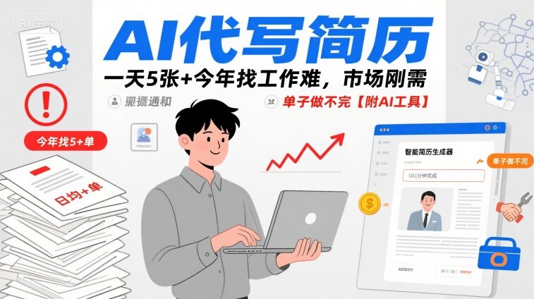 AI代写简历，一天5张+今年找工作难，市场刚需，单子做不完【附AI工具】网创项目-知识付费-在线课程-自媒体创业-网络副业-优利资源优利资源网