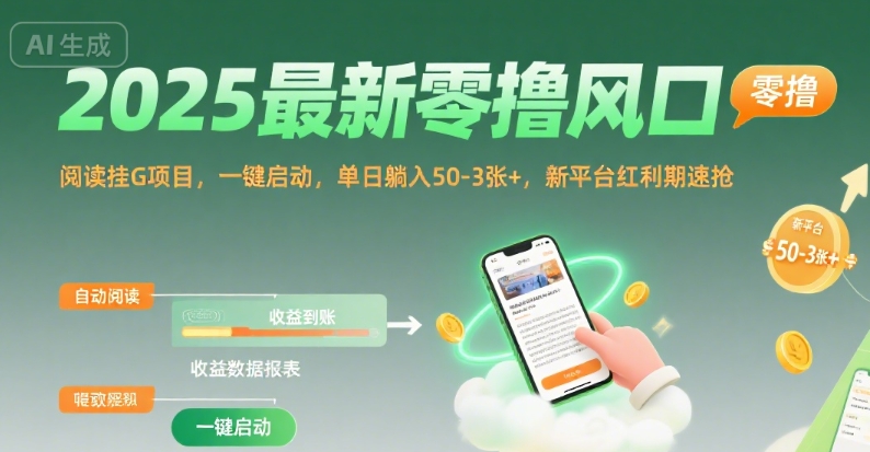 2025最新零撸风口，阅读挂G项目，一键启动，单日躺入 50-3张+，新平台红利期速抢【揭秘】网创项目-知识付费-在线课程-自媒体创业-网络副业-优利资源优利资源网